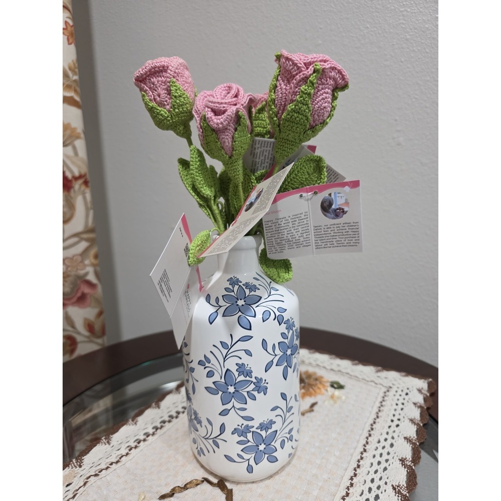 Set of‎ 5 Handmade Crochet Pink Rose Stems – Artificial Floral Decor